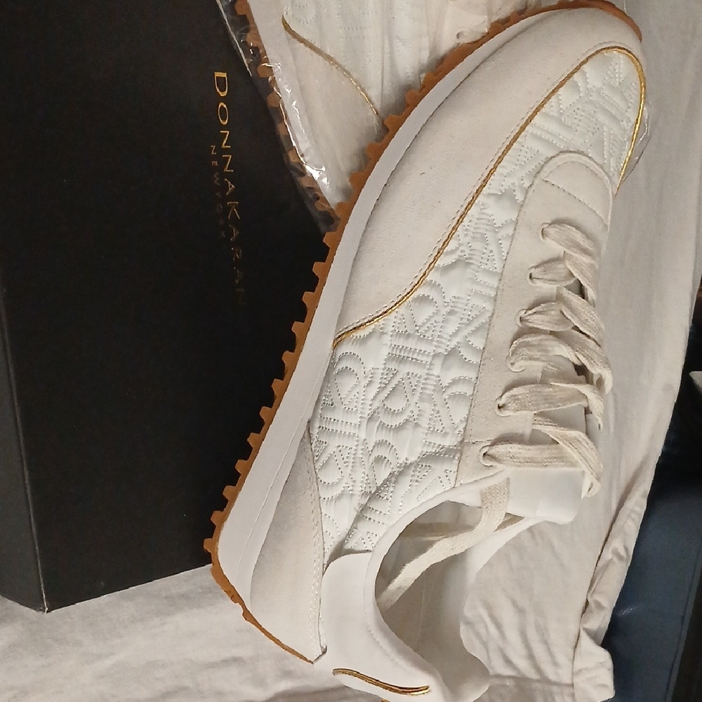 Donna Karan Cream Quilted Lace-Up Sneaker with Gold Accent
